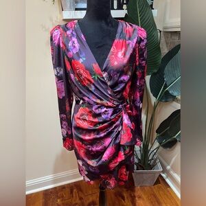Express Satin Floral V-Neck Puff Sleeve Ruffle Mini Sheath Dress 12
